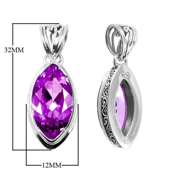 Handmade Amethyst Quartz marquise pendant in sterling silver with Balinese scroll accents, artisan jewelry from Bali.