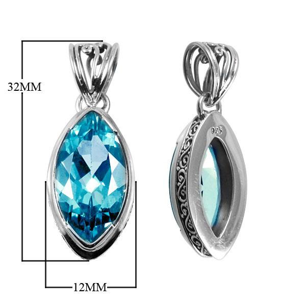 Handmade Blue Topaz Quartz marquise pendant in sterling silver with Balinese scroll accents, artisan silver jewelry from Bali.