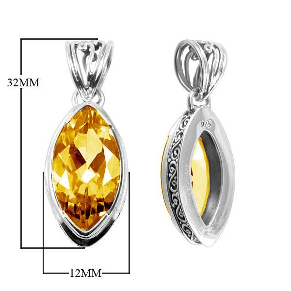 Handmade Citrine Quartz marquise pendant in sterling silver with Balinese scroll accents, artisan jewelry from Bali.