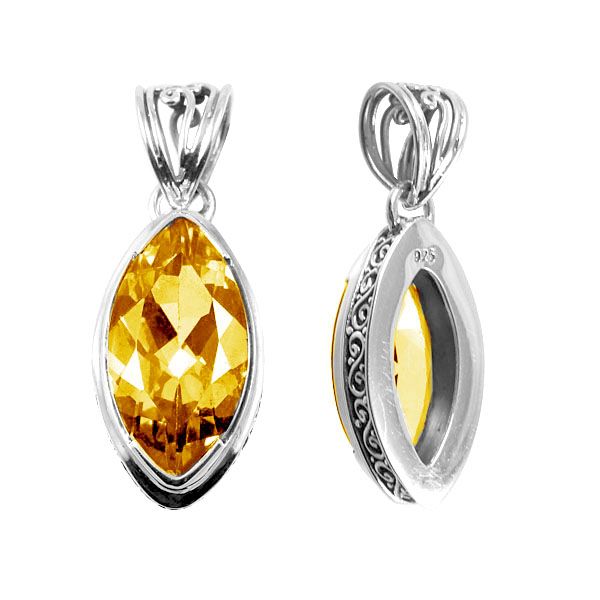 Handmade Citrine Quartz marquise pendant in sterling silver with Balinese scroll accents, artisan jewelry from Bali.