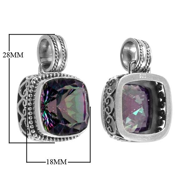 Handmade Mystic Topaz Quartz cushion pendant in sterling silver with Balinese scroll and beaded accents, artisan jewelry from Bali.