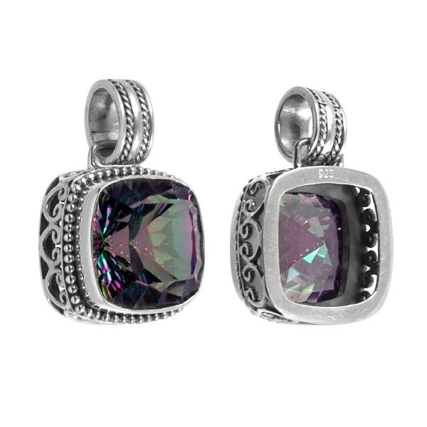 Handmade Mystic Topaz Quartz cushion pendant in sterling silver with Balinese scroll and beaded accents, artisan jewelry from Bali.