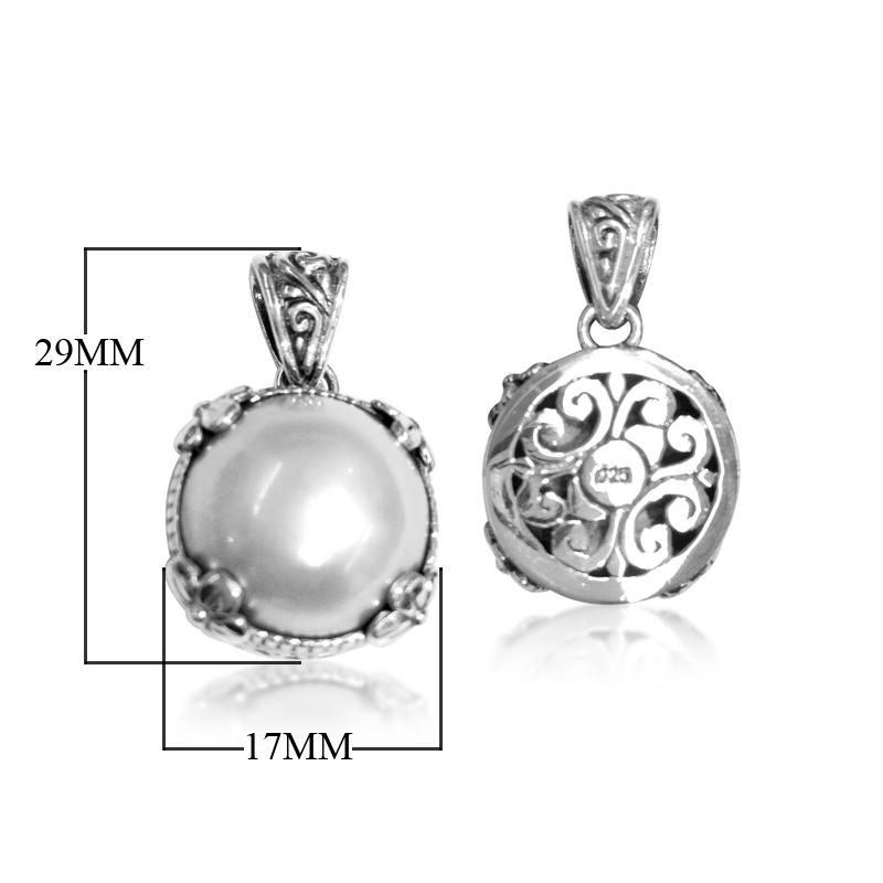 Handmade Mabe Pearl round pendant in sterling silver with Balinese scroll accents, artisan jewelry from Bali.