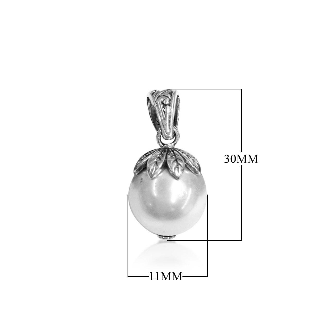 Handmade Shell Pearl round pendant in sterling silver with leaf cap design, artisan jewelry from Bali.