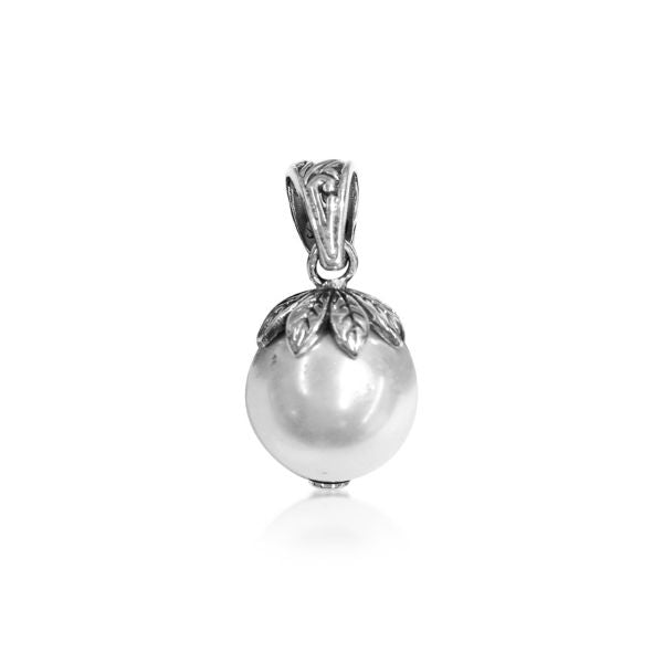 Handmade Shell Pearl round pendant in sterling silver with leaf cap design, artisan jewelry from Bali.
