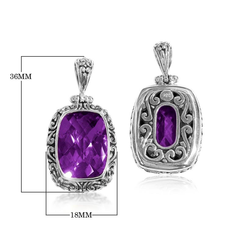 Handmade Amethyst Quartz rectangular pendant in sterling silver with Balinese scroll accents, artisan jewelry from Bali.