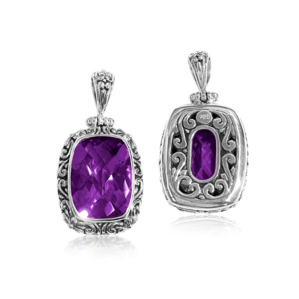 Handmade Amethyst Quartz rectangular pendant in sterling silver with Balinese scroll accents, artisan jewelry from Bali.