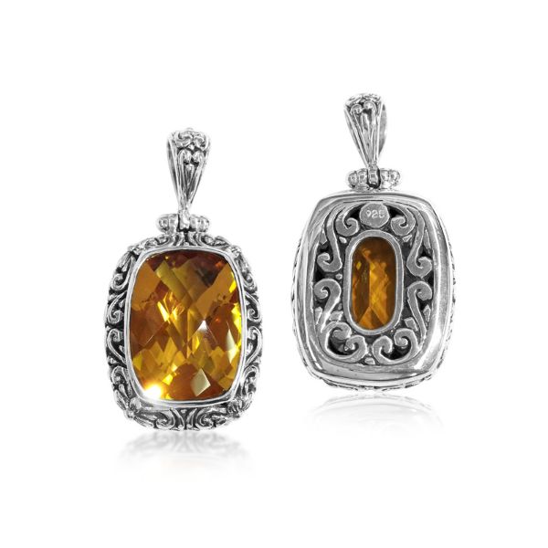 Handmade Citrine Quartz rectangular pendant in sterling silver with Balinese scroll accents, artisan jewelry from Bali.