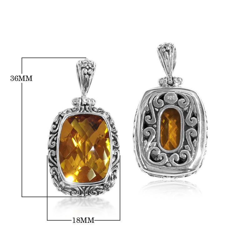 Handmade Citrine Quartz rectangular pendant in sterling silver with Balinese scroll accents, artisan jewelry from Bali.
