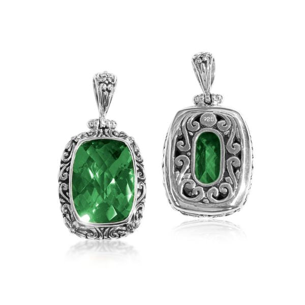 Handmade Green Quartz rectangular pendant in sterling silver with Balinese scroll detailing, artisan jewelry from Bali.