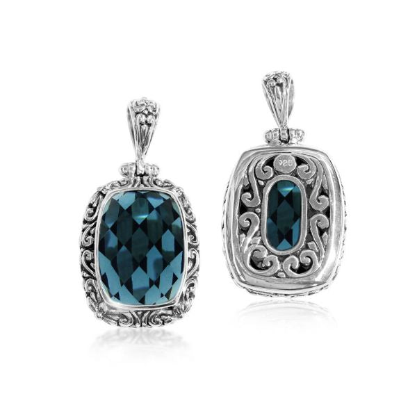 Handmade London Blue Topaz Quartz rectangular pendant in sterling silver with Balinese scroll accents, artisan jewelry from Bali.