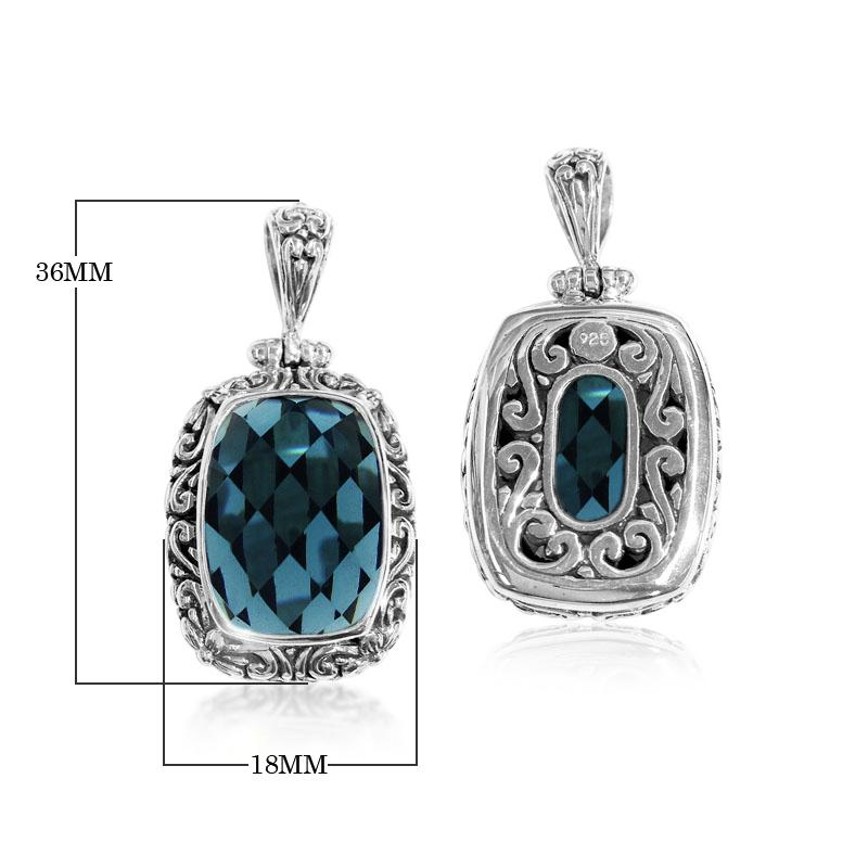 Handmade London Blue Topaz Quartz rectangular pendant in sterling silver with Balinese scroll accents, artisan jewelry from Bali.