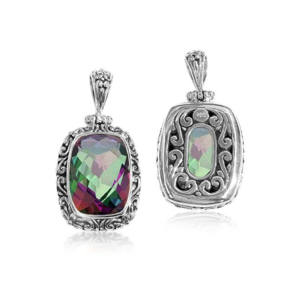 Handmade Mystic Topaz Quartz rectangular pendant in sterling silver with Balinese scroll accents, artisan jewelry from Bali.