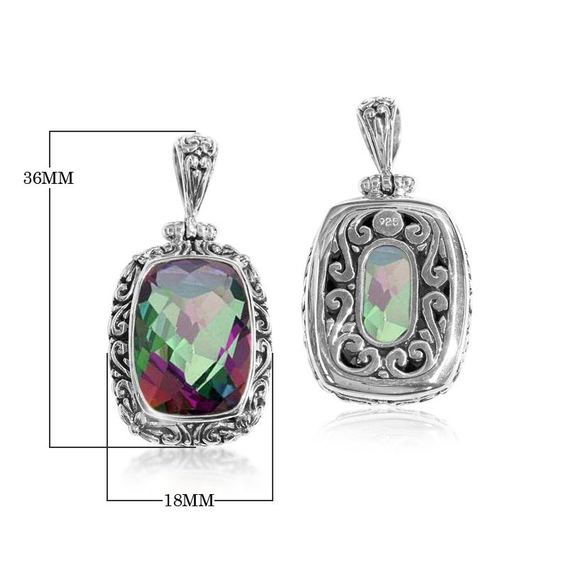 Handmade Mystic Topaz Quartz rectangular pendant in sterling silver with Balinese scroll accents, artisan jewelry from Bali.