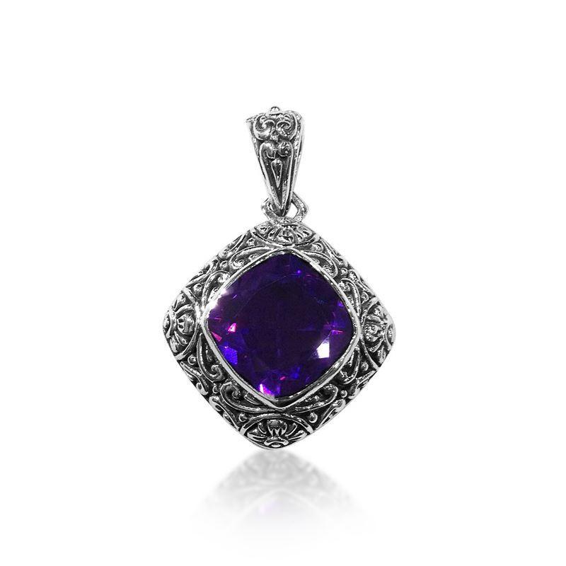 Handmade Bali silver pendant featuring cushion-cut Amethyst Quartz with oxidized finish.