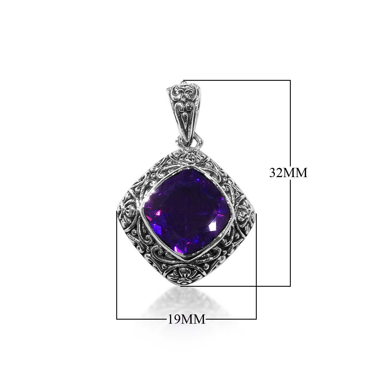 Handmade Bali silver pendant featuring cushion-cut Amethyst Quartz with oxidized finish.