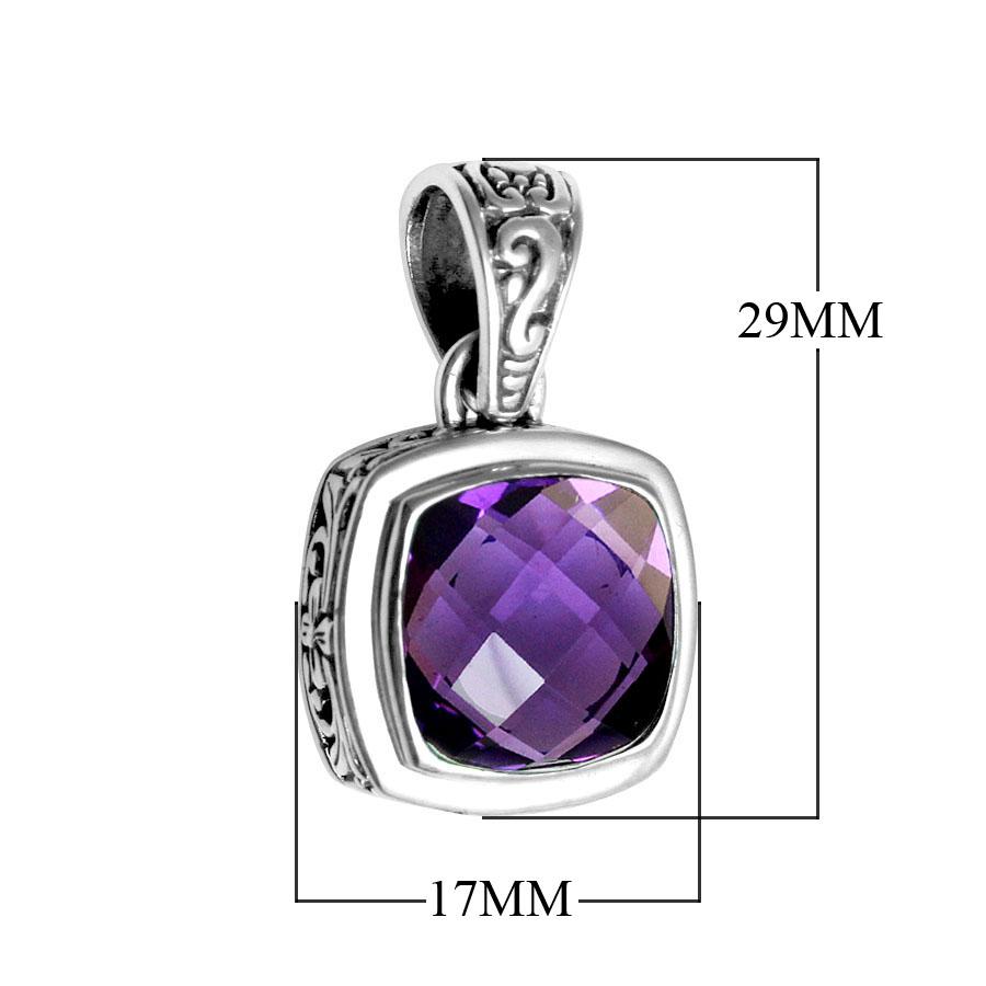 Retail Amethyst Quartz sterling silver pendant with cushion cut and Balinese handcrafted details.