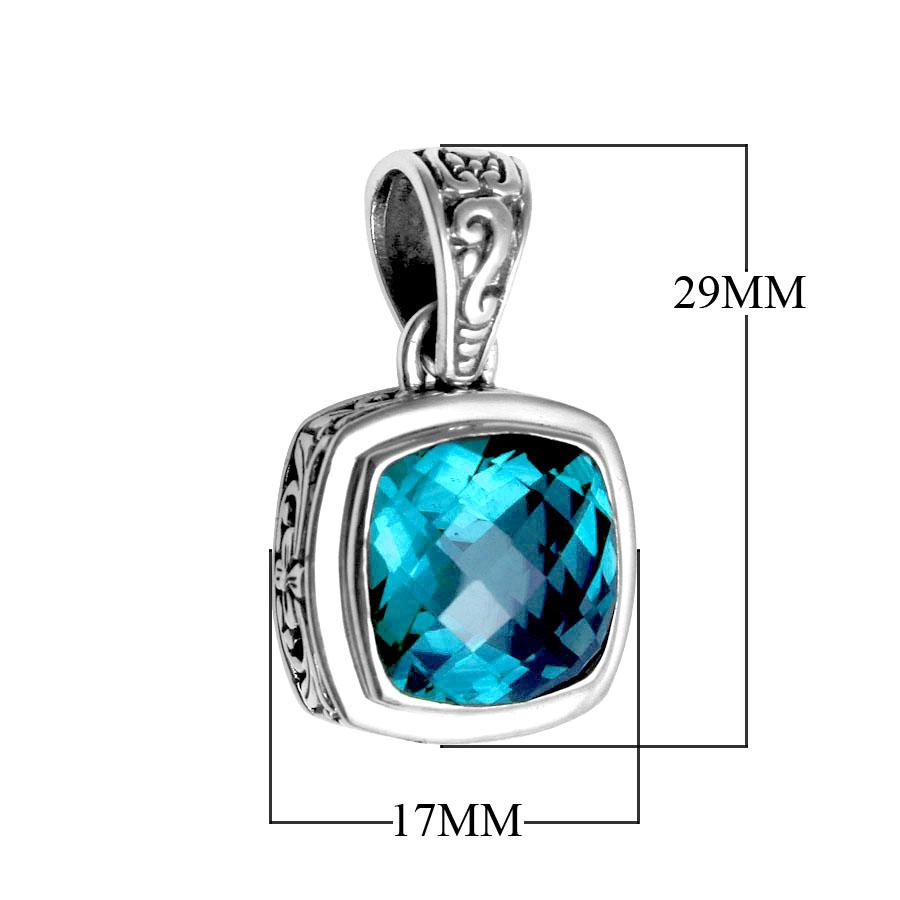Retail Blue Topaz Quartz sterling silver pendant with cushion cut and Balinese handcrafted design.