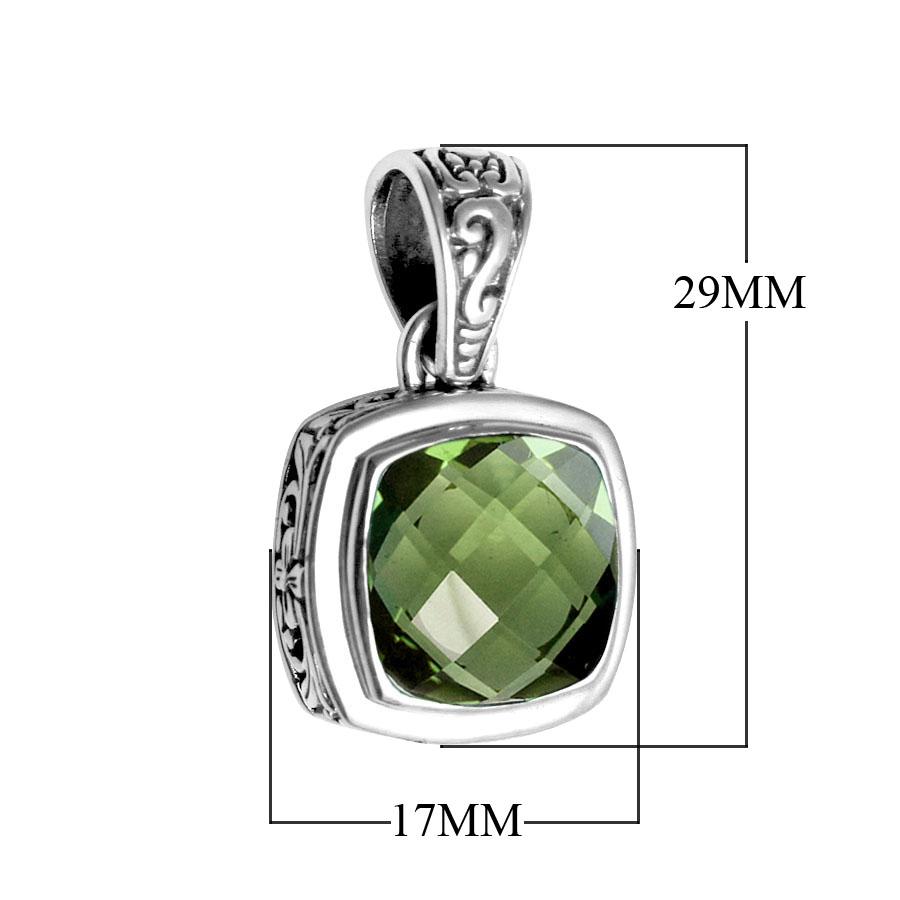Retail Green Amethyst Quartz sterling silver pendant with cushion cut and Balinese handcrafted details.