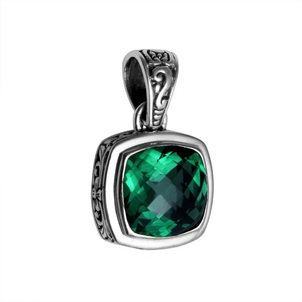Retail Green Quartz sterling silver pendant with cushion cut and Balinese handcrafted details.