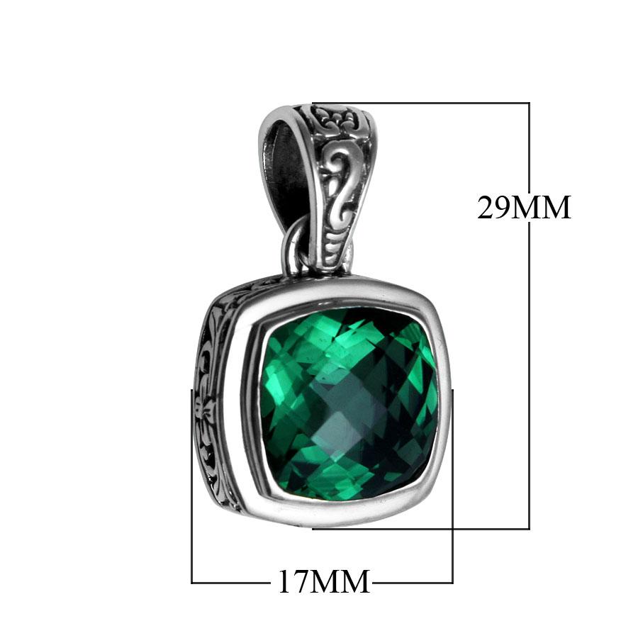 Retail Green Quartz sterling silver pendant with cushion cut and Balinese handcrafted details.