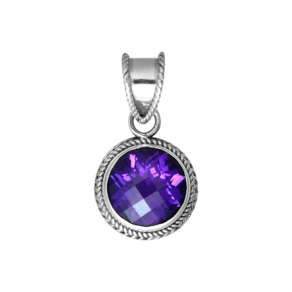 Retail Amethyst Quartz sterling silver round pendant with twisted rope bezel, handcrafted in Bali.