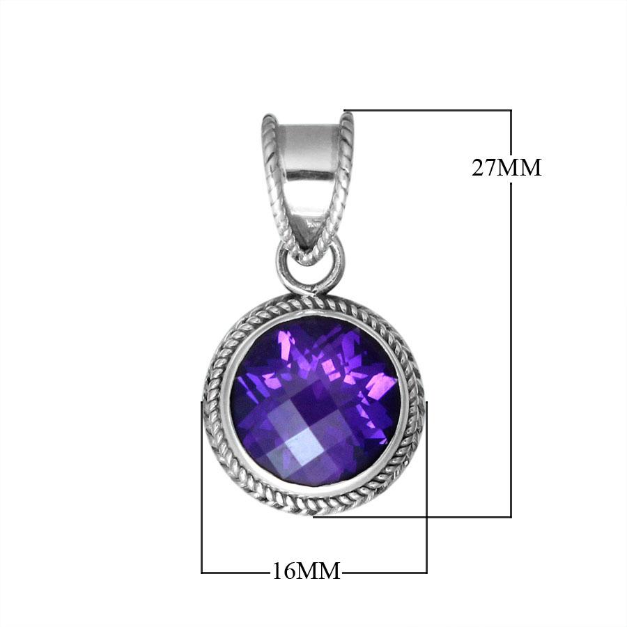 Retail Amethyst Quartz sterling silver round pendant with twisted rope bezel, handcrafted in Bali.