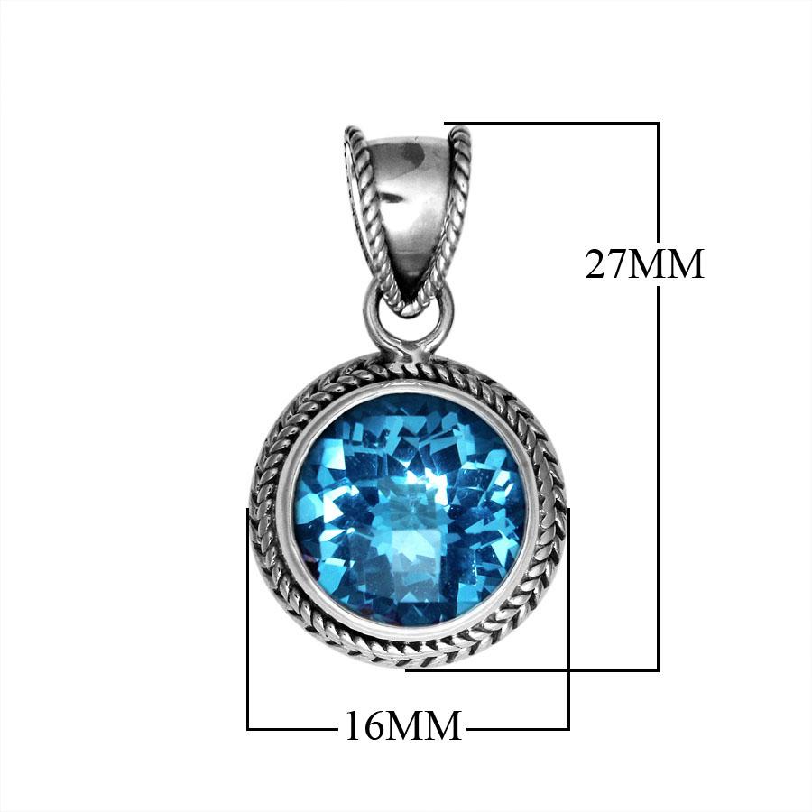 Retail Blue Topaz Quartz sterling silver round pendant with twisted rope bezel, handcrafted in Bali.