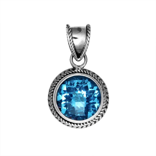 Retail Blue Topaz Quartz sterling silver round pendant with twisted rope bezel, handcrafted in Bali.