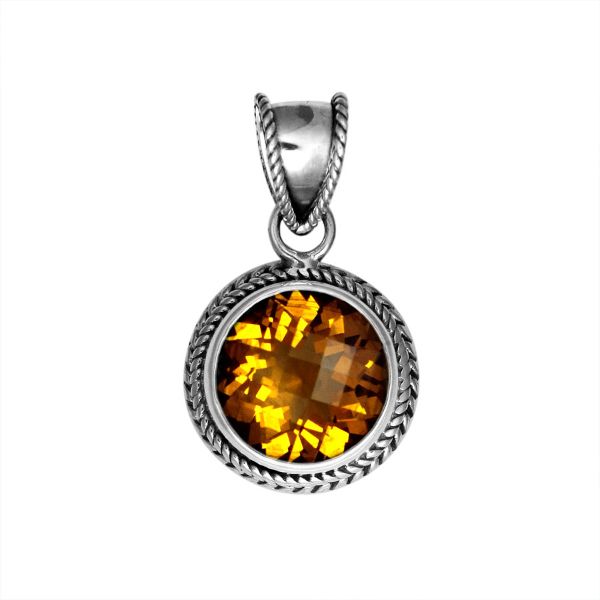 Retail Citrine Quartz sterling silver round pendant with twisted rope bezel, handcrafted in Bali.