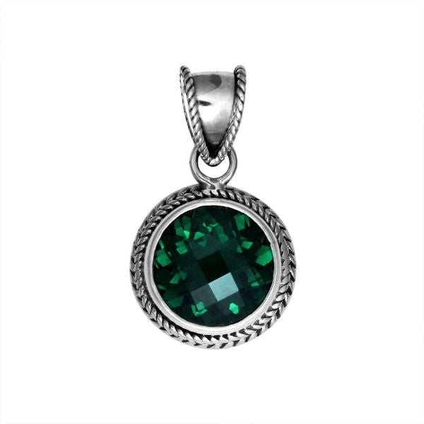 Handmade Bali Sterling Silver Pendant with Green Quartz in round bezel setting