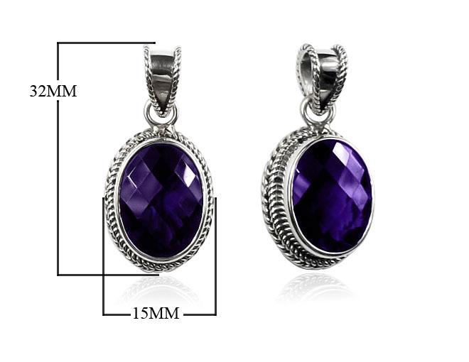 Handmade Sterling Silver Amethyst Quartz Oval Pendant with rope border from Bali