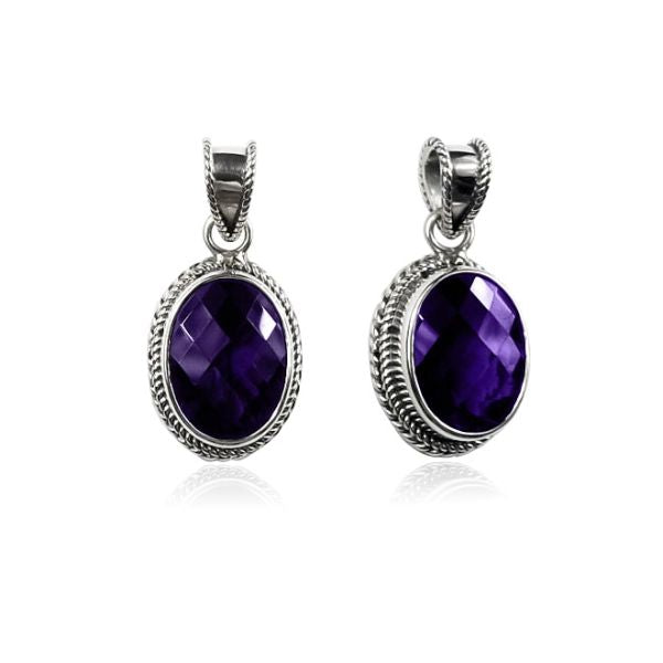 Handmade Sterling Silver Amethyst Quartz Oval Pendant with rope border from Bali
