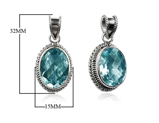 Handmade Sterling Silver Blue Topaz Quartz Oval Pendant with rope bezel from Bali
