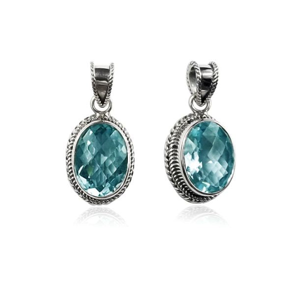 Handmade Sterling Silver Blue Topaz Quartz Oval Pendant with rope bezel from Bali