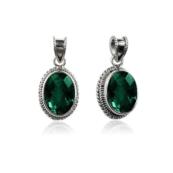 Handmade Sterling Silver Green Quartz Oval Pendant with rope border from Bali