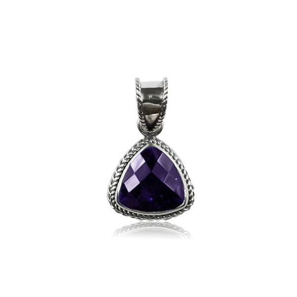 Handmade Sterling Silver Amethyst Quartz Trillion Pendant with rope border from Bali