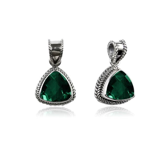 Handmade Sterling Silver Green Quartz Trillion Pendant with rope bezel from Bali
