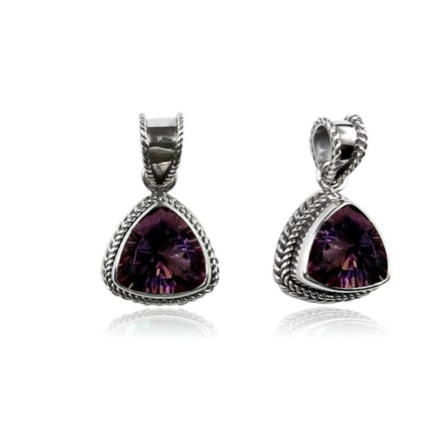 Handmade Sterling Silver Mystic Topaz Quartz Trillion Pendant with rainbow hues from Bali