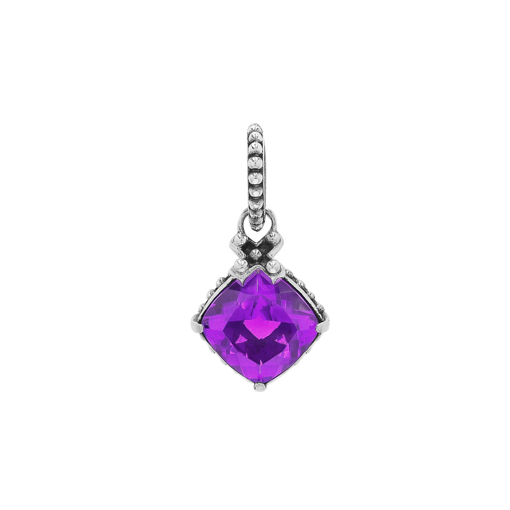 Handmade Sterling Silver Amethyst Quartz Cushion Pendant with beaded bail from Bali