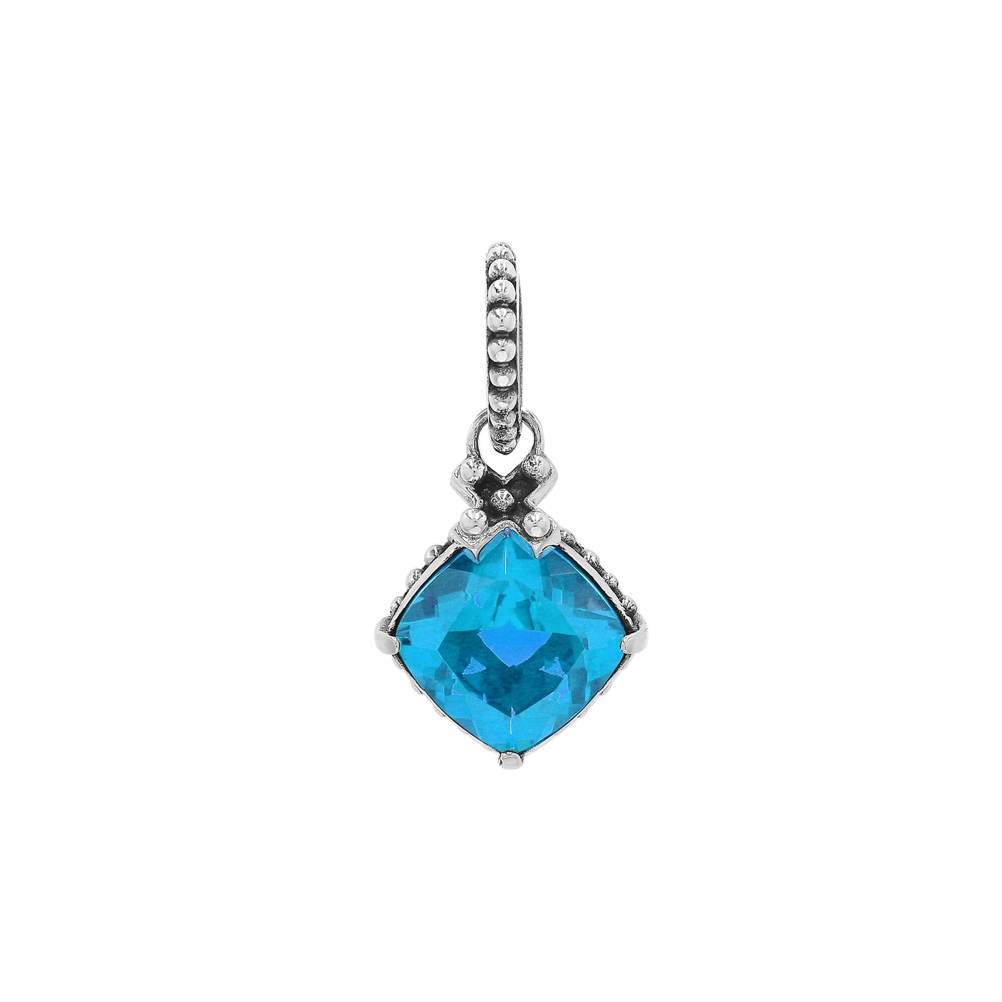 Handmade Sterling Silver Blue Topaz Quartz Cushion Pendant with beaded bail from Bali