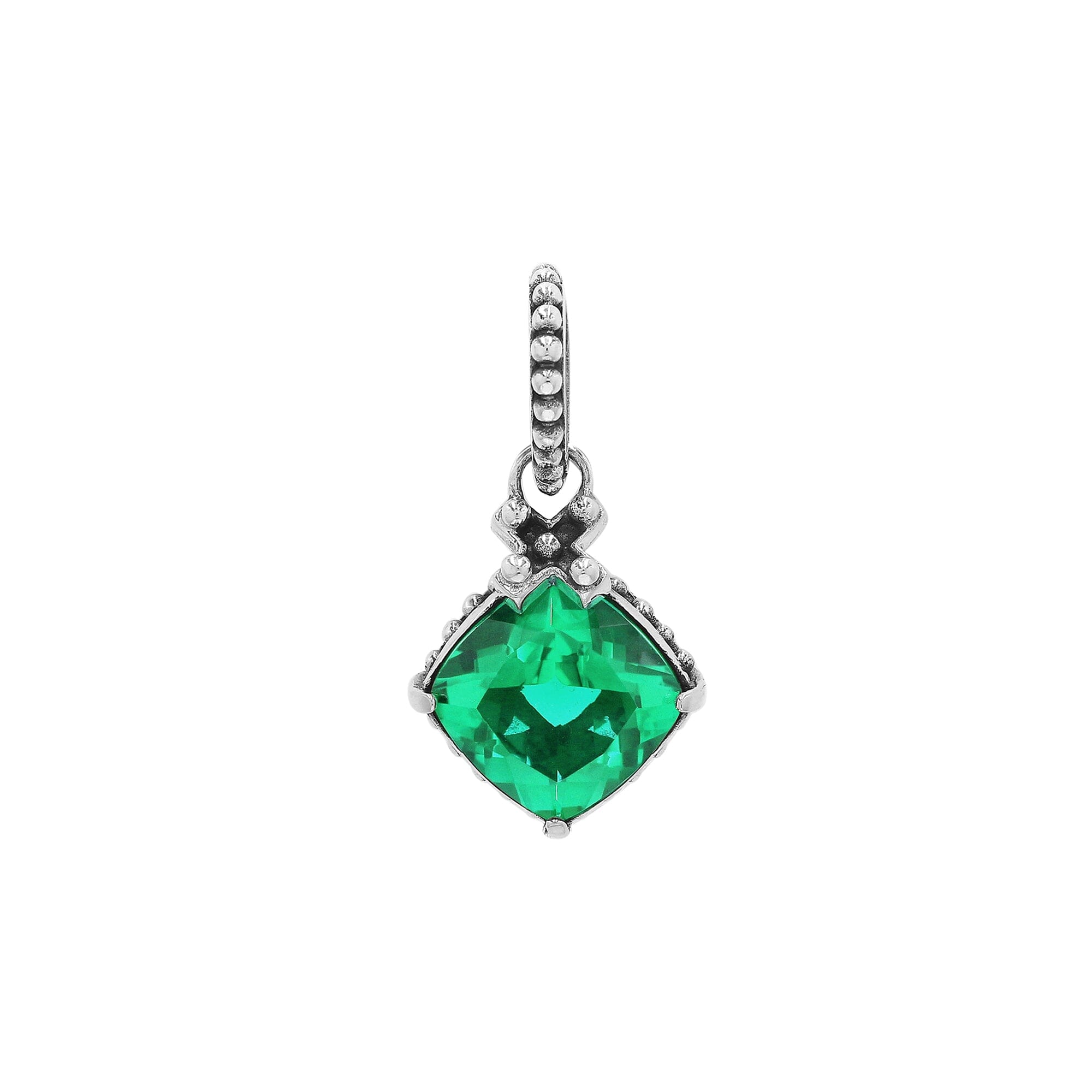 Handmade Sterling Silver Green Quartz Cushion Pendant with beaded bail from Bali