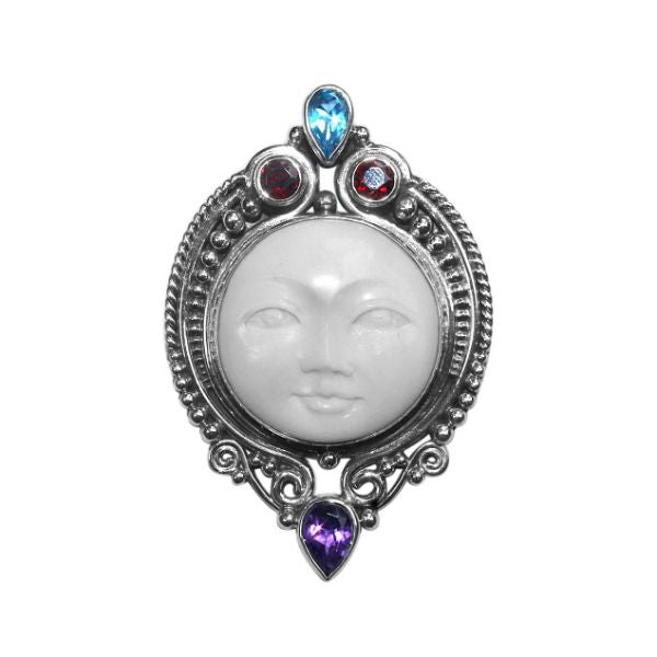 Handmade Sterling Silver Moon Face Pendant with Amethyst, Blue Topaz, and Garnet Quartz from Bali
