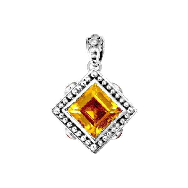 Handmade Sterling Silver Square Pendant with Citrine Quartz and Garnet Quartz from Bali