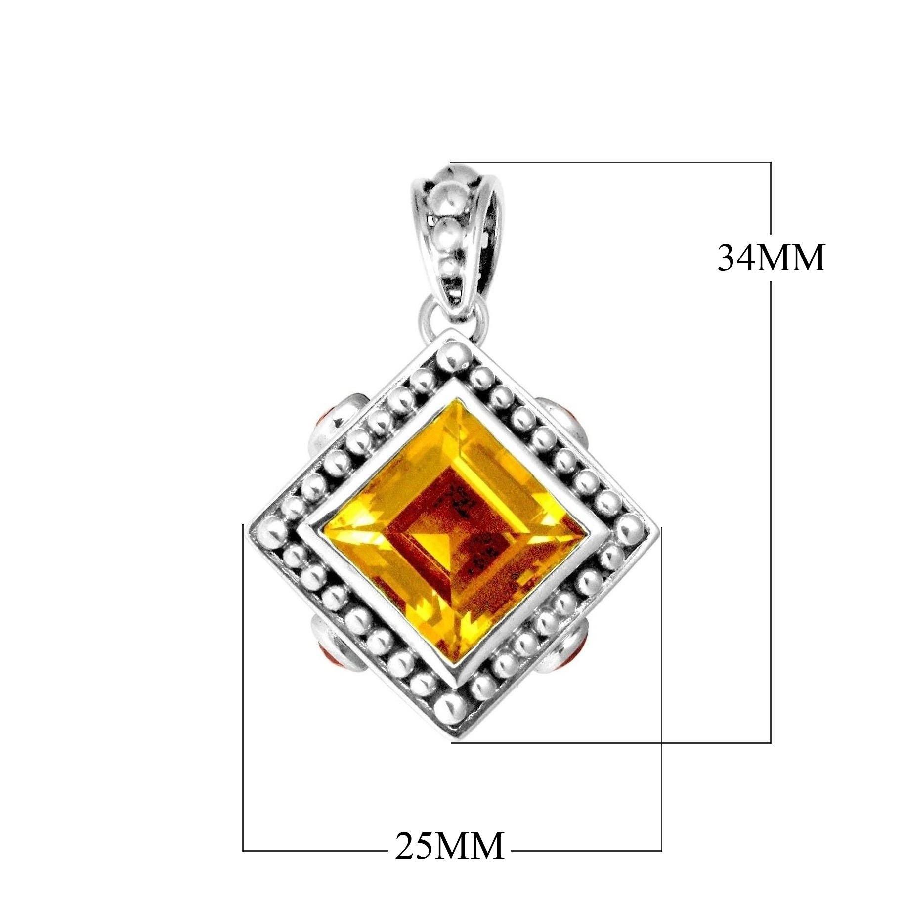 Handmade Sterling Silver Square Pendant with Citrine Quartz and Garnet Quartz from Bali