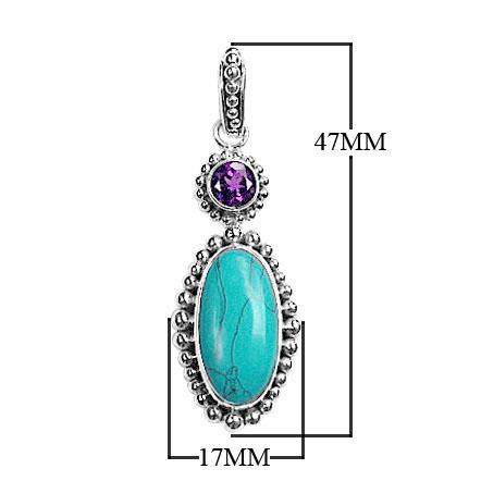 Handmade Sterling Silver Pendant with Turquoise Shell and Amethyst Quartz from Bali