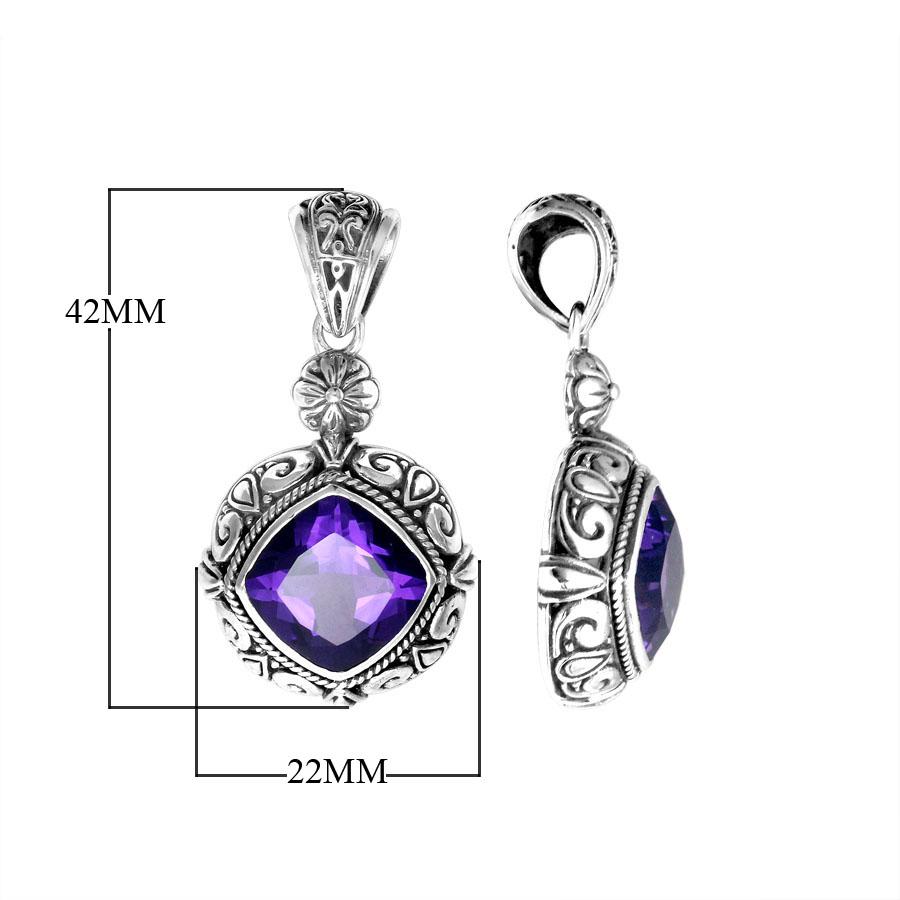 Handmade Sterling Silver Amethyst Quartz Cushion Pendant with ornate Balinese frame