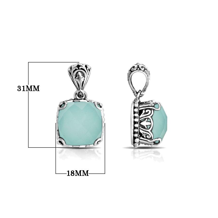 Elegant sterling silver pendant with cushion-cut green chalcedony quartz, Balinese handcrafted with scroll and bead carvings.