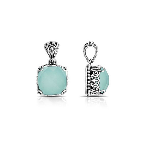 Elegant sterling silver pendant with cushion-cut green chalcedony quartz, Balinese handcrafted with scroll and bead carvings.