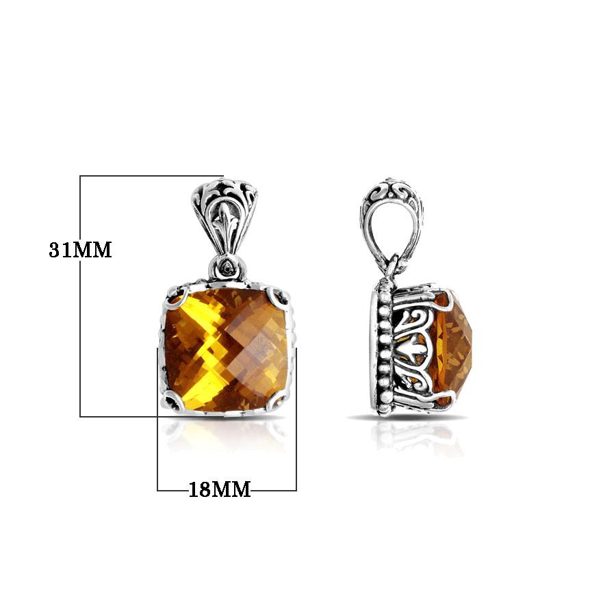 Sterling silver pendant with golden cushion-cut citrine quartz, Balinese handcrafted with bead and scroll detailing.